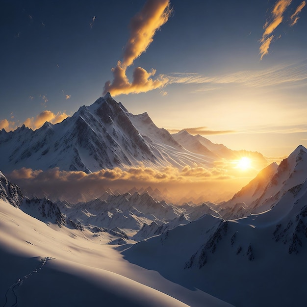 Una vista maestosa del cielo mattutino con il sole che sorge sulle cime innevate della montagna