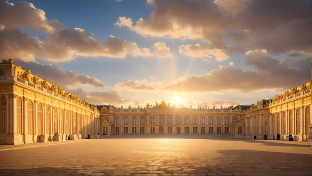 Una vista maestosa della Reggia di Versailles illuminata dalla luce dorata del sole al tramonto