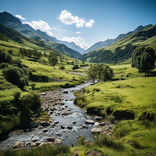 Una vista maestosa di una bellissima valle verde lussureggiante con alberi e erba colorata