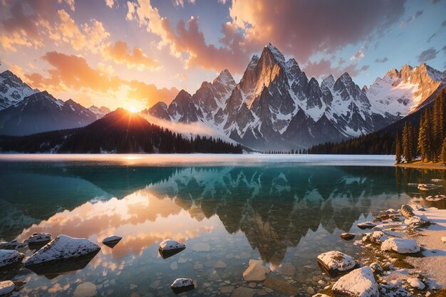 Una vista mozzafiato del tramonto sul lago di Fusine con la vetta di Mangart sullo sfondo