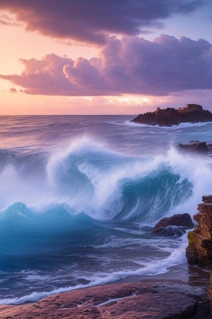 Una vista mozzafiato dell'oceano con grandi rocce che sporgono dall'acqua e un cielo brillante sopra
