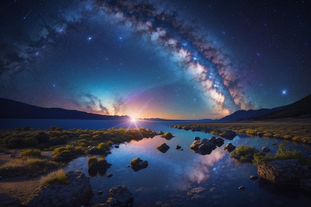 Una vista mozzafiato della Via Lattea che illumina il lago sereno e le maestose montagne