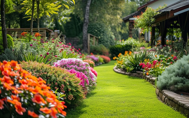 Una vista mozzafiato di un bellissimo giardino domestico in piena fioritura che mostra una vivace schiera di fiori e una verdura lussureggiante che crea un'atmosfera pittoresca e invitante