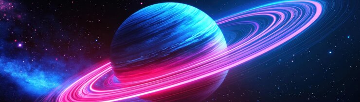 Foto una vista mozzafiato di un pianeta anellato color neon sullo sfondo di stelle lontane e ph cosmico