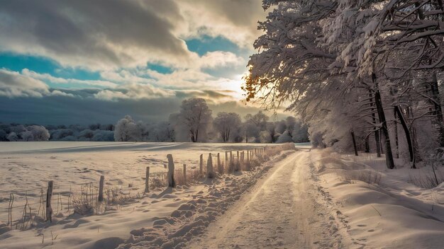 Una vista mozzafiato di un sentiero e di alberi coperti di neve che luccicano sotto il cielo nuvoloso in Croazia