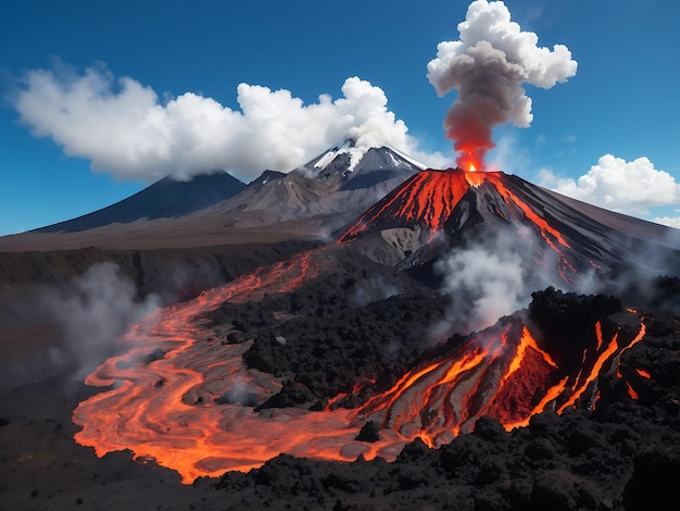 una vista mozzafiato di un vulcano con la lava che scorre lungo i suoi pendii e un cielo blu limpido sopra