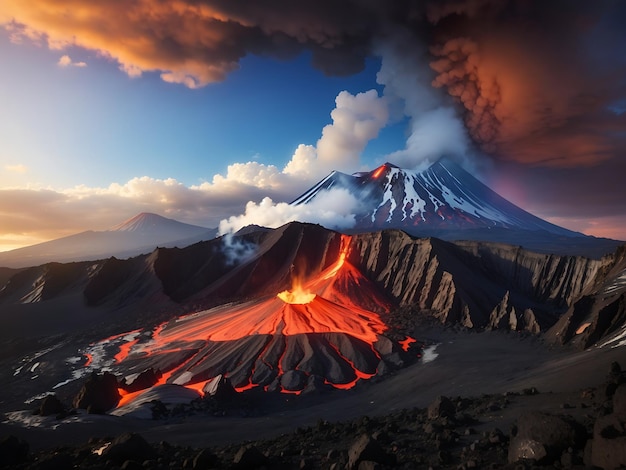 una vista mozzafiato di un vulcano con la lava che scorre lungo i suoi pendii e un cielo blu limpido sopra