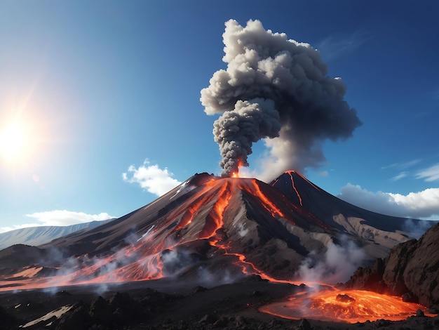 una vista mozzafiato di un vulcano con la lava che scorre lungo i suoi pendii e un cielo blu limpido sopra