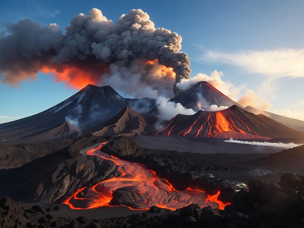 una vista mozzafiato di un vulcano con la lava che scorre lungo i suoi pendii e un cielo blu limpido sopra