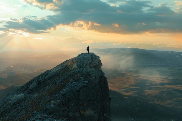 Una vista mozzafiato sulla cima della montagna sotto le stelle che ispira meraviglia ed eccitazione un simbolo di visione e desiderio per lo sconosciuto