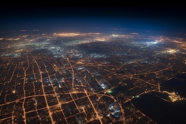 una vista notturna delle luci della città da un aereo.