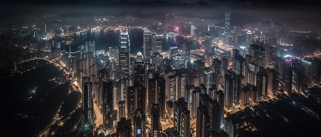 Una vista notturna di Hong Kong con un paesaggio urbano sullo sfondo.