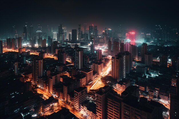 Una vista notturna di una città con una scena notturna