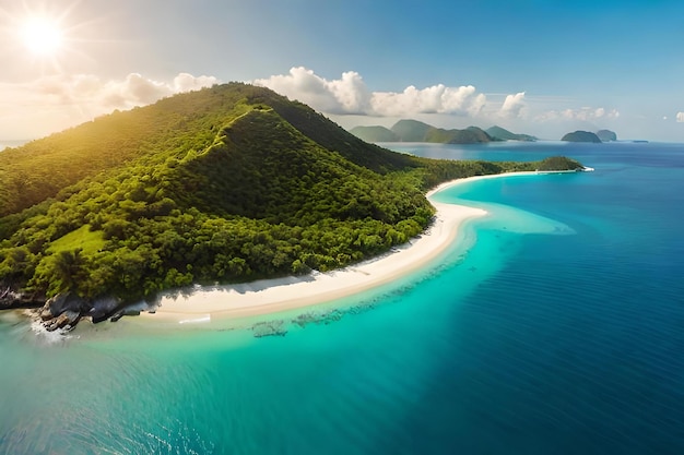 Una vista panoramica aerea di un'isola tropicale circondata da acque turchesi e punteggiata da lussureggiante