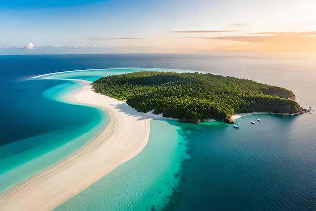 Una vista panoramica aerea di un'isola tropicale circondata da acque turchesi e punteggiata da lussureggianti