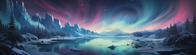 una vista panoramica dal polo nord nel cielo notturno con l'orso polare aurora nel riflesso del lago