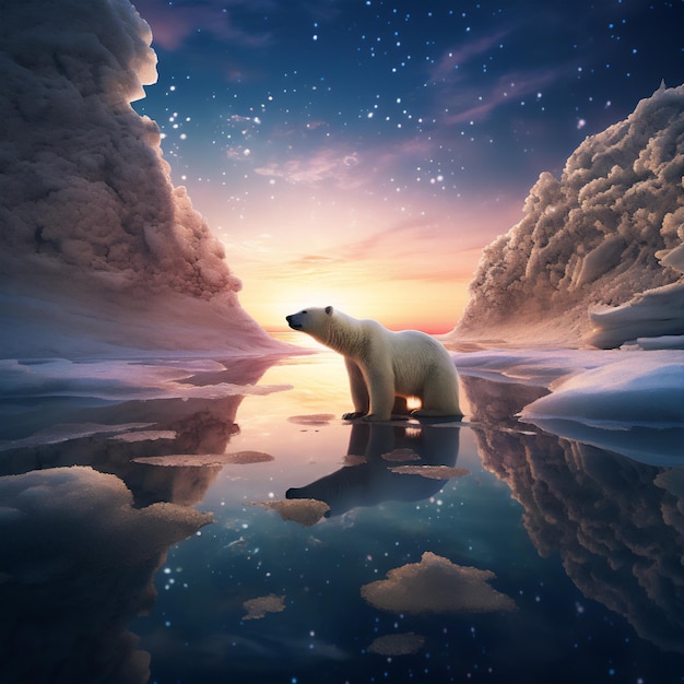 una vista panoramica dal polo nord nel cielo notturno con l'orso polare aurora nel riflesso del lago