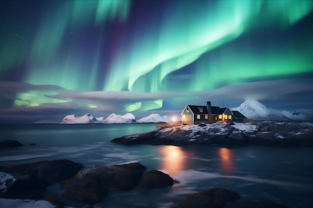 una vista panoramica dal polo nord nel cielo notturno con l'orso polare aurora nel riflesso del lago