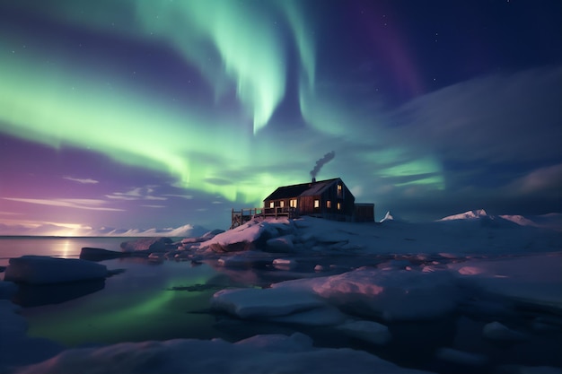 una vista panoramica dal polo nord nel cielo notturno con l'orso polare aurora nel riflesso del lago