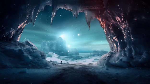 una vista panoramica dalla grotta di ghiaccio nel polo nord di notte, un fiume limpido nella grotta, un lago e un cielo notturno