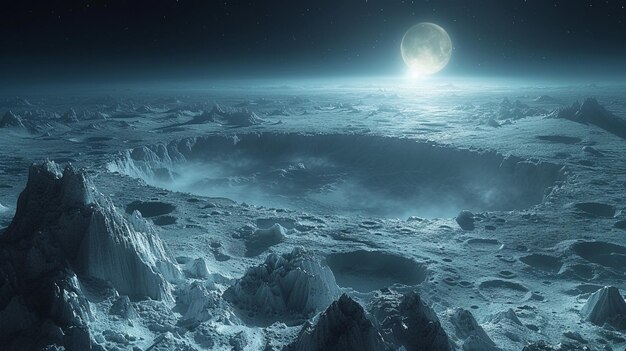 Una vista panoramica del cratere riempito di carta da parati illuminata dalla luna