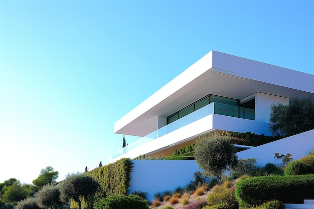 Una vista panoramica della moderna casa bianca sullo sfondo di un cielo blu limpido