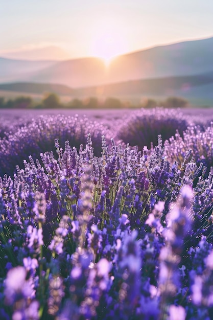 Una vista panoramica di un affascinante campo di lavanda in piena fioritura