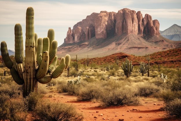 Una vista panoramica di un deserto con un cactus in primo piano e montagne sullo sfondo Un paesaggio occidentale accidentato con formazioni rocciose rosse e cactus AI Generato