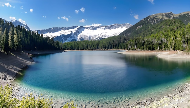 Una vista panoramica di un lago alpino sereno e cristallino