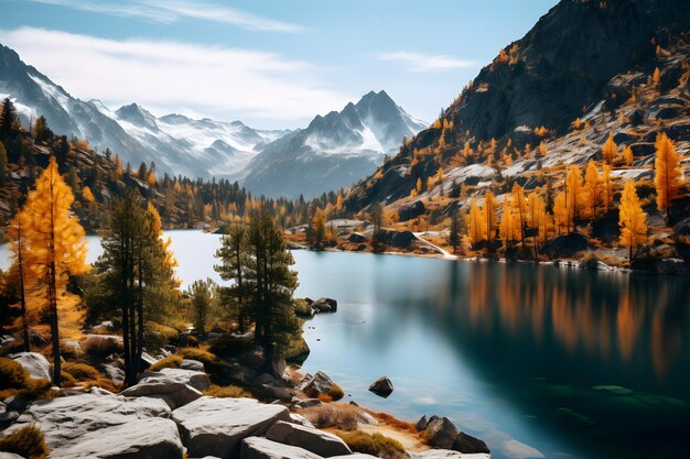 Una vista panoramica di un lago circondato da montagne e alberi