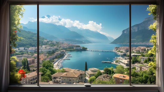 una vista panoramica di un lago e montagne da una finestra Finestra vista dalla finestra di vetro