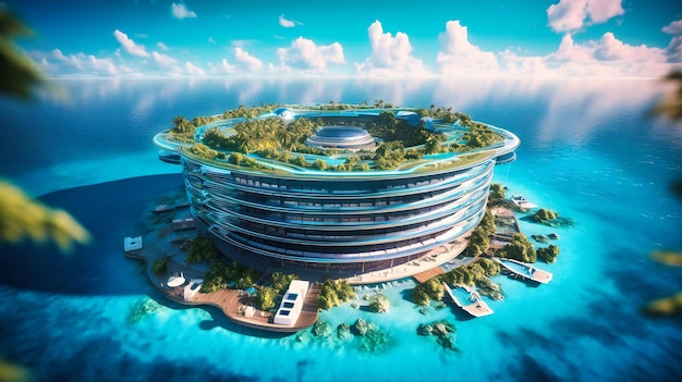 Una vista panoramica di un lussuoso resort spaziale che galleggia sopra un oceano cristallino con una sfumatura di colore tropicale
