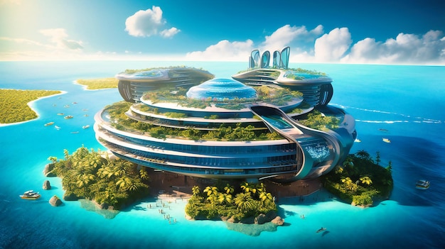 Una vista panoramica di un lussuoso resort spaziale che galleggia sopra un oceano cristallino con una sfumatura di colore tropicale