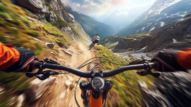 Una vista panoramica di un mountain biker che corre giù per un sentiero ripido e impegnativo Paesaggi mozzafiato AI Generative