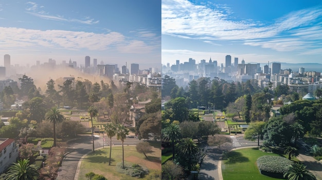 Una vista panoramica di un paesaggio urbano prima e dopo il fiume atmosferico la prima immagine che mostra un