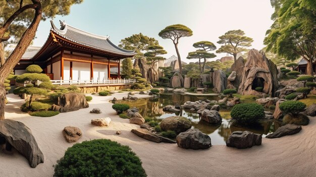 Una vista panoramica di un sereno giardino zen in Estremo Oriente con sabbia meticolosamente rastrellata roccia pacifica