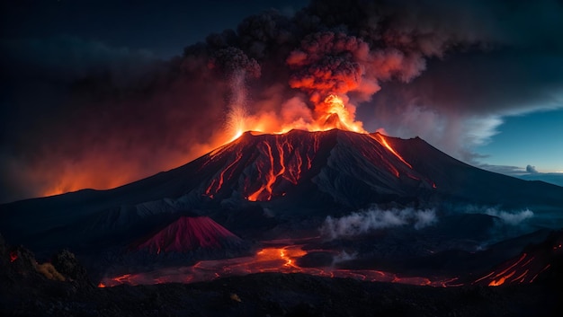 Una vista panoramica di un vulcano in eruzione di notte