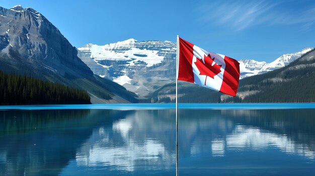 Una vista panoramica di una bandiera canadese che sventola davanti a un sereno lago con maestose montagne innevate
