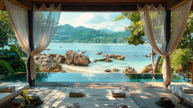 Una vista panoramica di una spa all'aperto sullo sfondo di uno spettacolare paesaggio naturale