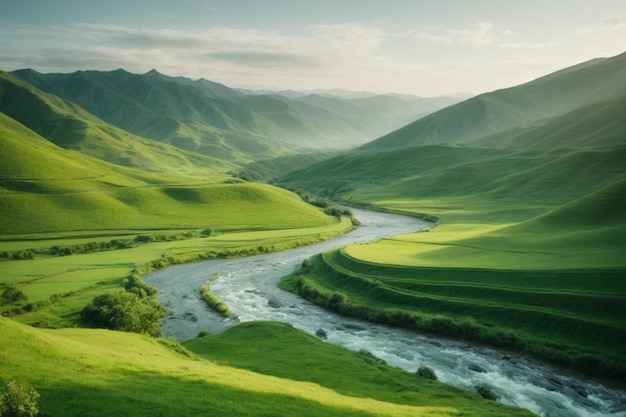 Una vista panoramica serena e tranquilla di una lussureggiante valle verde con colline ondulate