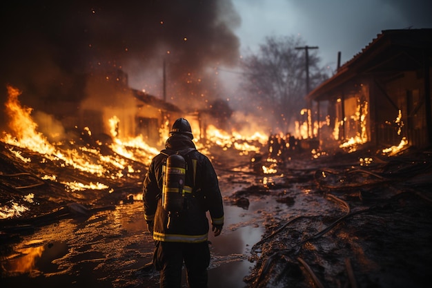una vista posteriore del vigile del fuoco in piedi e guardando la casa in fiamme