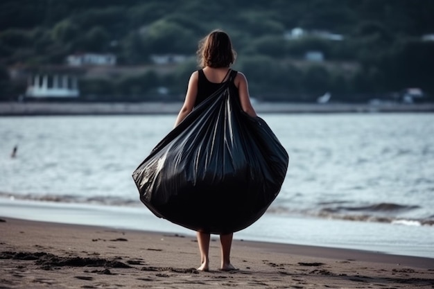 Una vista posteriore della donna spinge un enorme sacco della spazzatura nero