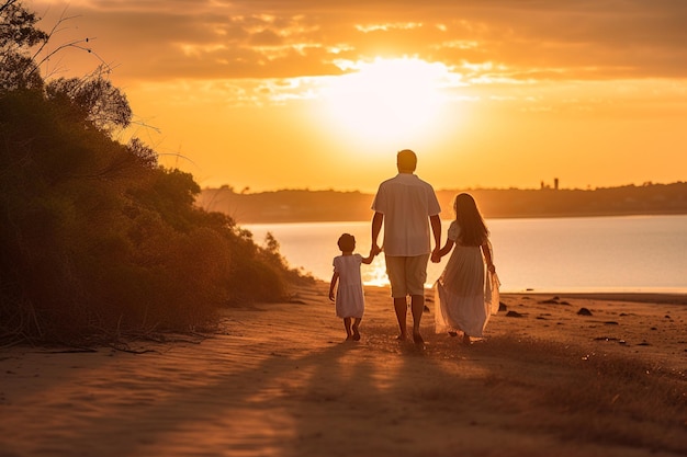 Una vista posteriore di una giovane famiglia felice che cammina allegramente su una spiaggia sabbiosa al tramonto