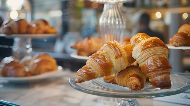 Una vista ravvicinata dei deliziosi croissant serviti insieme in un bistro parigino a luce morbida