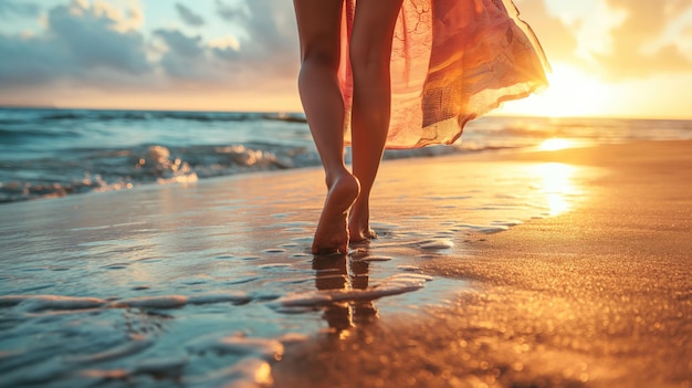 Una vista ravvicinata delle gambe di una donna che cammina a piedi nudi lungo una bella spiaggia