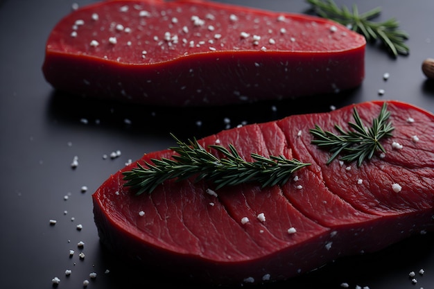 Una vista ravvicinata di carne fresca con toni rossastri perfettamente preparata per risvegliare il desiderio di un'esperienza culinaria eccezionale generata dall'IA