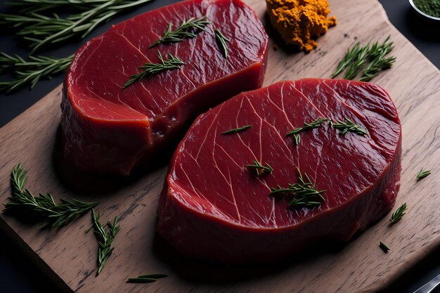 Una vista ravvicinata di carne fresca con toni rossastri perfettamente preparata per risvegliare il desiderio di un'esperienza culinaria eccezionale generata dall'IA