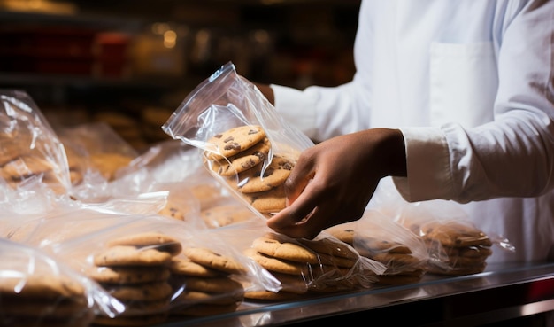 Una vista ravvicinata di un uomo che mette in sacchetto i biscotti in un sacchetto di plastica