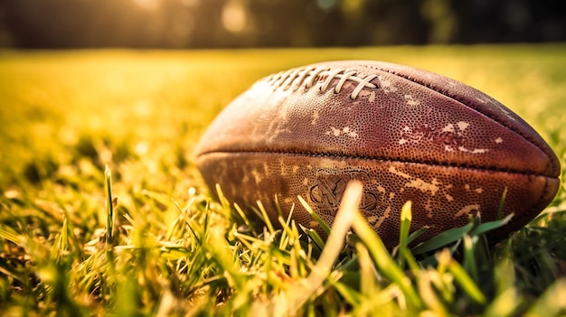 Una vista ravvicinata di una palla da football americano su un campo verde che ne evidenzia la consistenza e il colore