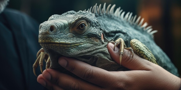 Una vista ravvicinata di una persona che tiene una lucertola Questa immagine può essere usata per illustrare rettili animali domestici natura o argomenti scientifici